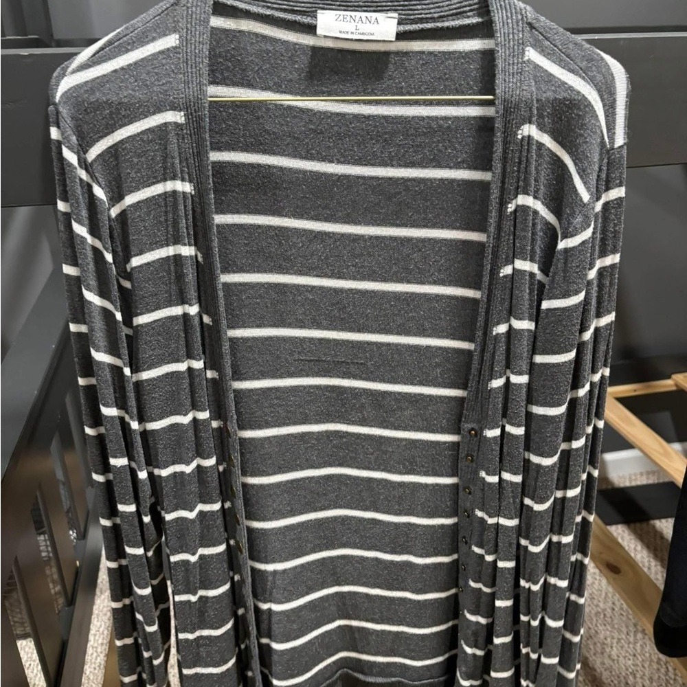 Zenana Outfitters Charcoal and White Striped Cardigan